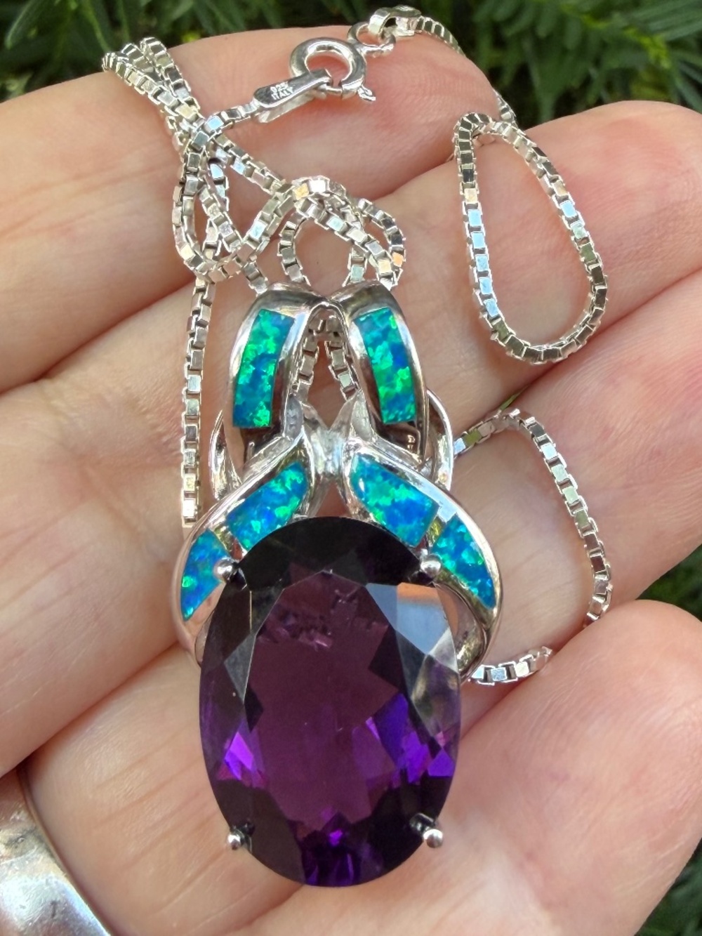 LARGE OVAL AMETHYST & INLAID OPAL PENDANT NECKLACE 925 STERLING SILVER ITALY